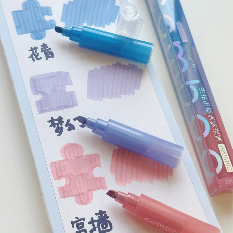 Kreativer 3-Farben-Textmarker mit weicher Keilspitze, fluoreszierender Markierungsstift, sanfte Farben zum Zeichnen, für Schüler, Schule, A7913