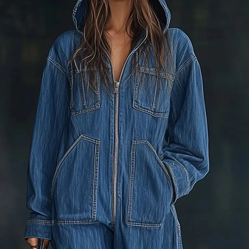 

Fashion Zipper Solid Wide Leg Jumpsuits Autumn Hoodies Long Sleeve Pocket Playsuits Overalls Lady Loose Casual Commute Rompers