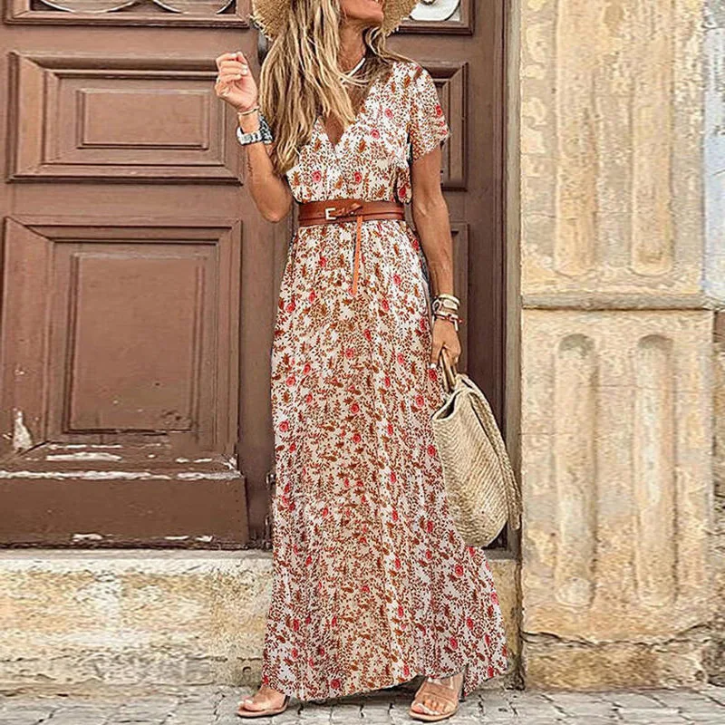 Boho Floral Print Maxi Dress - Amazon Hot Item Women's Beach Cover Up Dress for Vacation & Summer