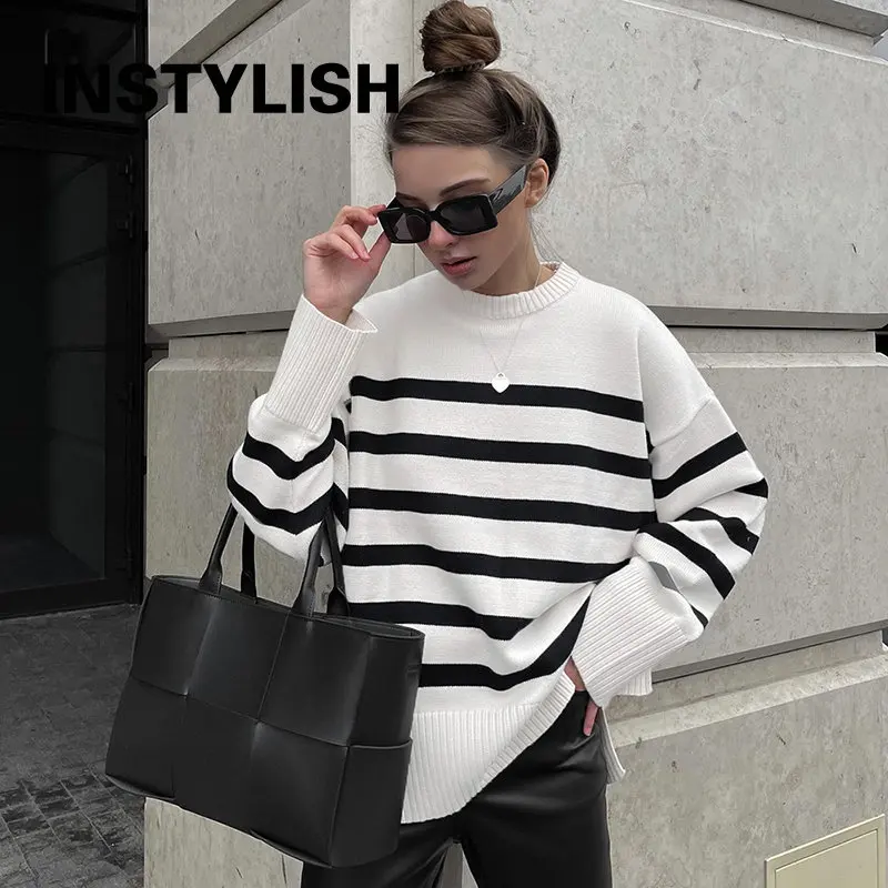 Women Elegant Striped Loose Sweater Y2K Streetwear O Neck Knitted Pullover Autumn Winter Vintage Harajuku Oversized Jumpers 2022