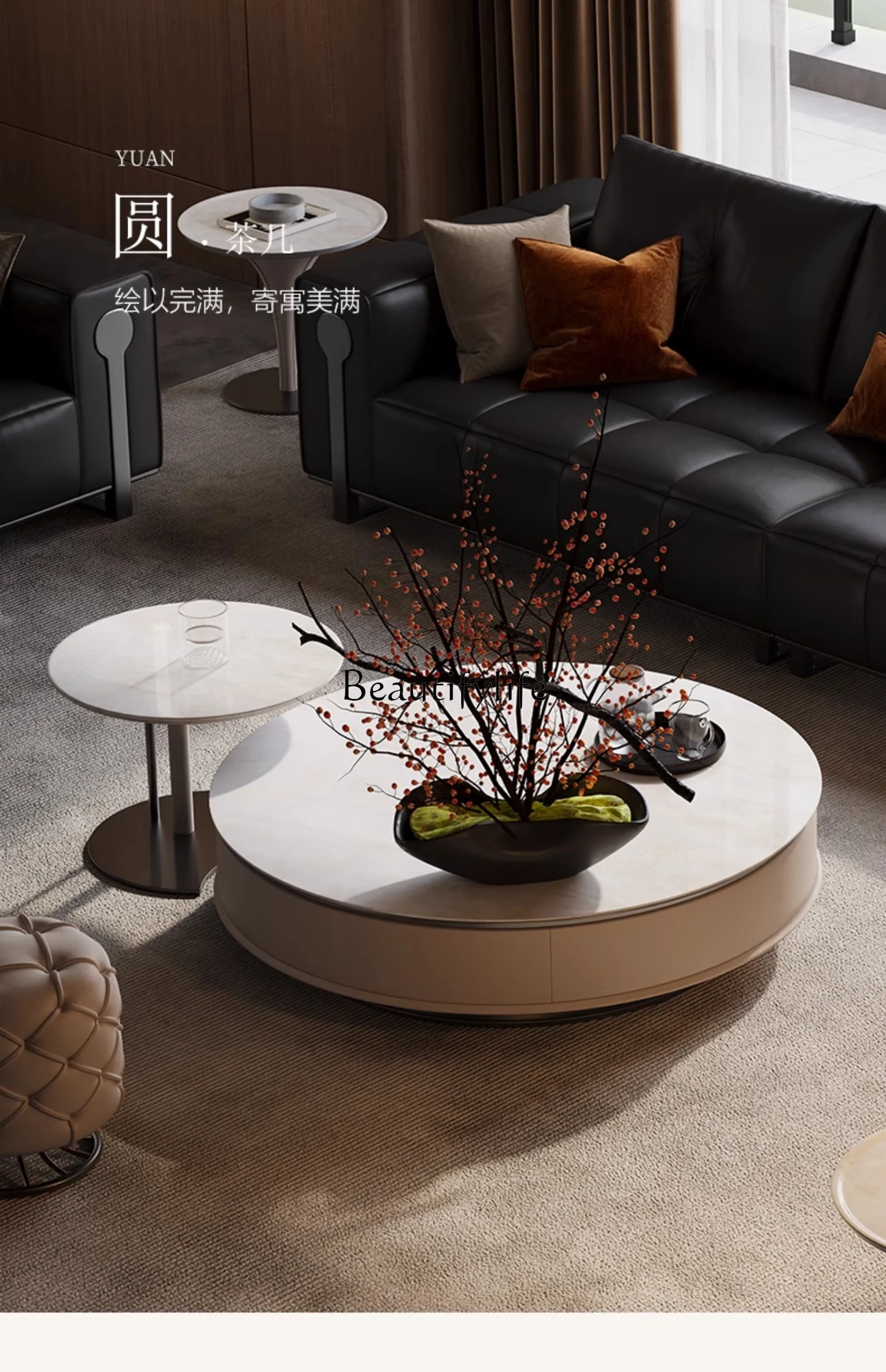 04 طاولة قهوة مستديرة من الرخام الطبيعي الفاخر الخفيف الإيطالي لغرفة المعيشة المنزلية طاولة قهوة بحجم عالي الإحساس مزيج 2024 جديد #5