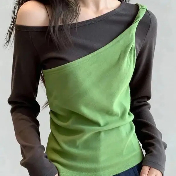 Long Sleeve T Shirt For Women Fake 2 Pieces Spring Autumn Y2k Ropa De Mujer Color Blocking Vintage Slim Fit Elegant T-shirts