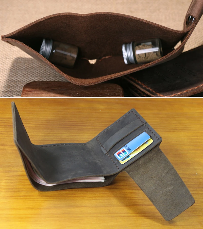 Secret of Walter Mitty Handmade Genuine Leather Wallet Men Trifold Wallet Purse Crazy Horse Leather Short Money Clips Money Bag