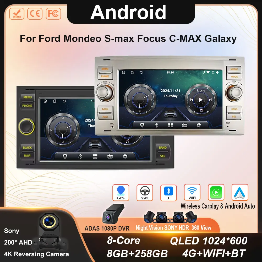 Android15 Car Radio Wifi Navi For Ford Mondeo S-max Focus C-MAX Galaxy Fiesta Transit Fusion Connect Kuga Multimedia GPS BT WIFI
