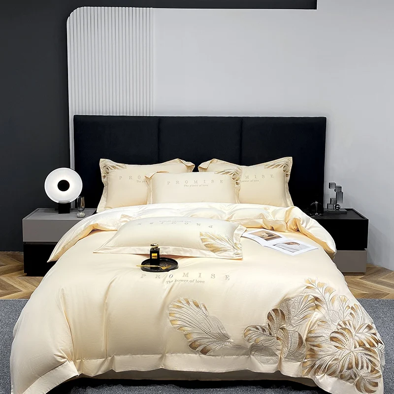 Golden Embroidery Bedding Set Luxury Solid Color 100% Cotton Duvet Cover Set Bed Sheet Pillowcases Home Textile