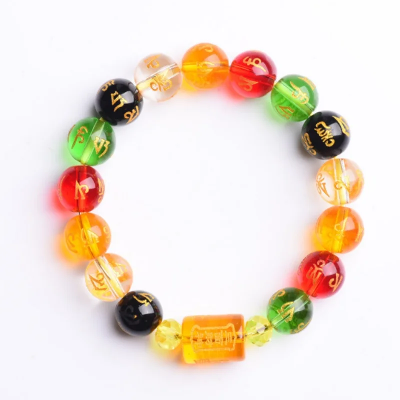 Three sided God of Wealth Bracelet, Colorful Glass, Six Son Proverbs Bracelet, Men's and Women's Buddhist Bead Bracelet