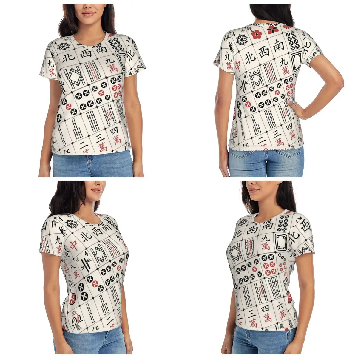 Mahjong Tile Pattern T-Shirt for Women Round Neck Streetwear T Shirts Women's Short Sleeve Summer Clothes Tops