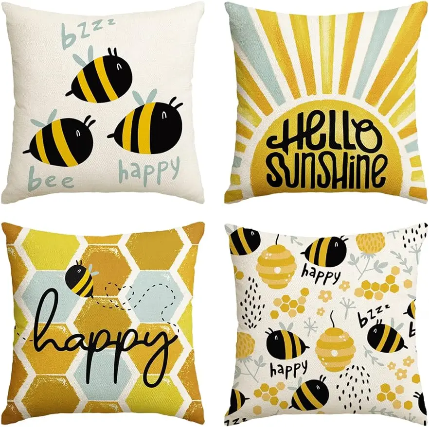 Color life bee happy hello sunshine linen square pillowcase, summer cushion cover sofa  pillowcase 50*50 decor