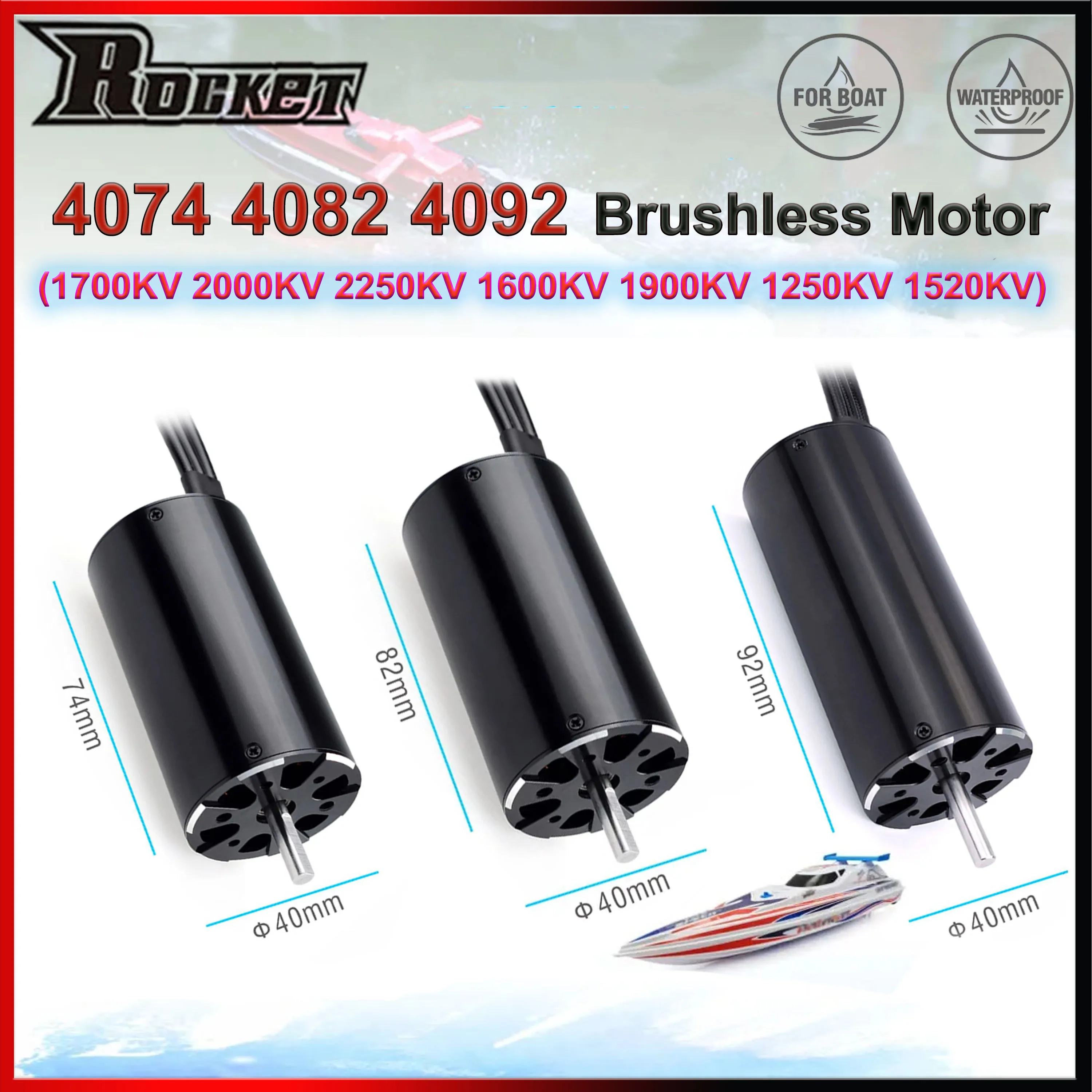 로켓 4074 4082 4092 브러시리스 모터 2000KV 1600KV 1250KV 5.0mm 1000mm(또는 그 이상) RC 보트 트랙사스 M41 카타마란 스파르탄용