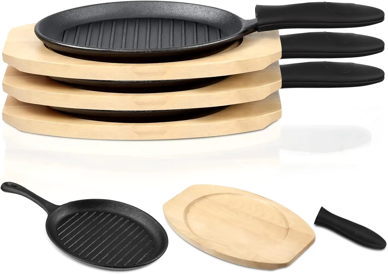 

Three-Piece Cast Iron Skillet Set Sturdy and Durable Construction Includes Wooden Base and Silicone Heat-Resistant Gloves