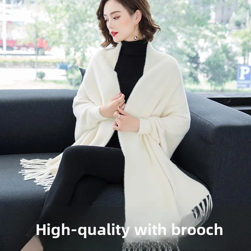 

Women's Autumn Winter Sleeveless Cloak Shoulder Pashmina Fake Velvet Long Middle Length Qipao Outerwear Coat Thick
