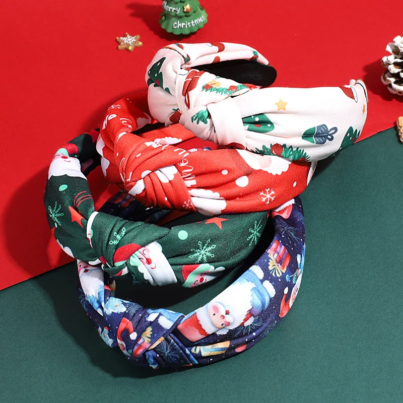 Fashion Personalized Christmas Tree Santa Claus Print Satin Knot Hairband Adult Headband Hair Accessories