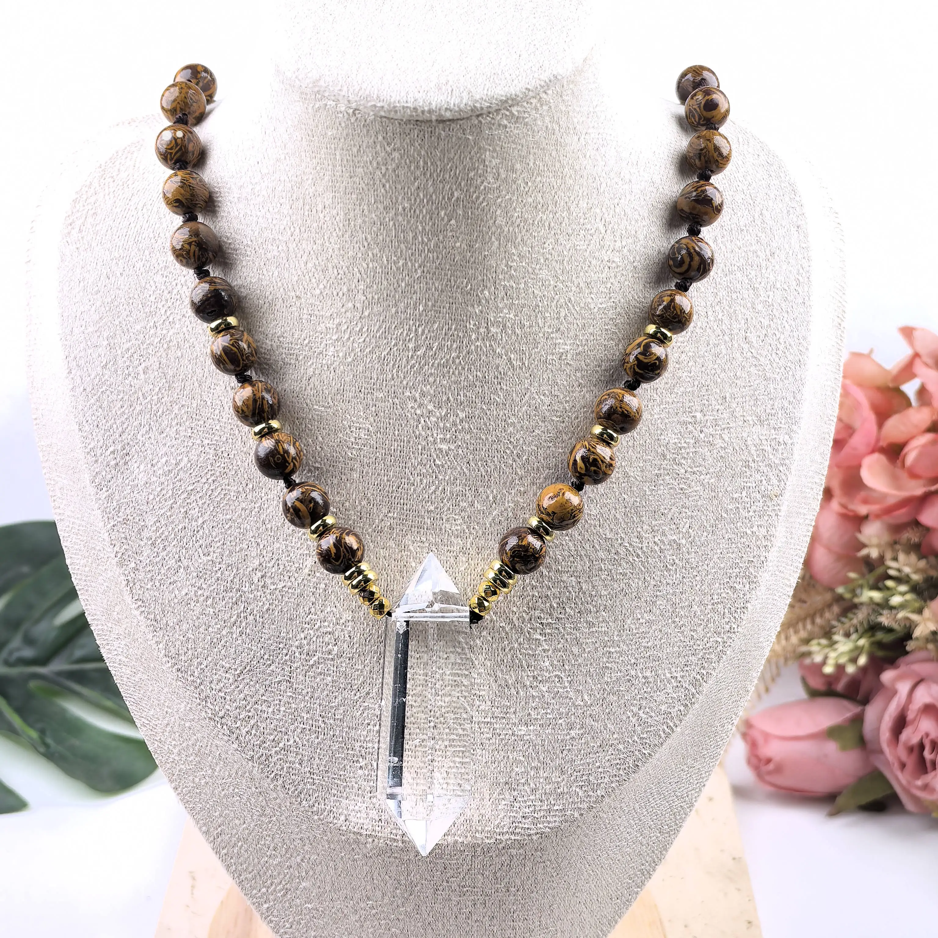 Healing Crystal Double Point Pendants Yoga Necklace 8mm Gold Line Jasper Round Beads Knot Handmade Mala Prayer Jewelry,QC0200