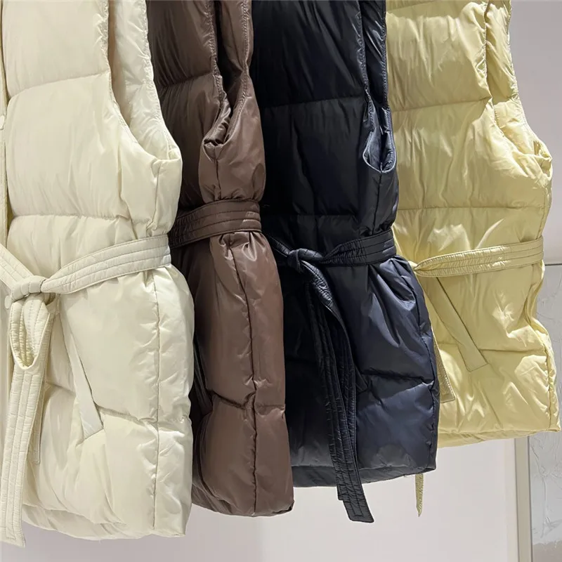 With Belt Winter Stand Collar Down Waistcoat Jacket Women Warm Light Thin White Duck Down Vest Lady Short Loose Sleeveless Tank