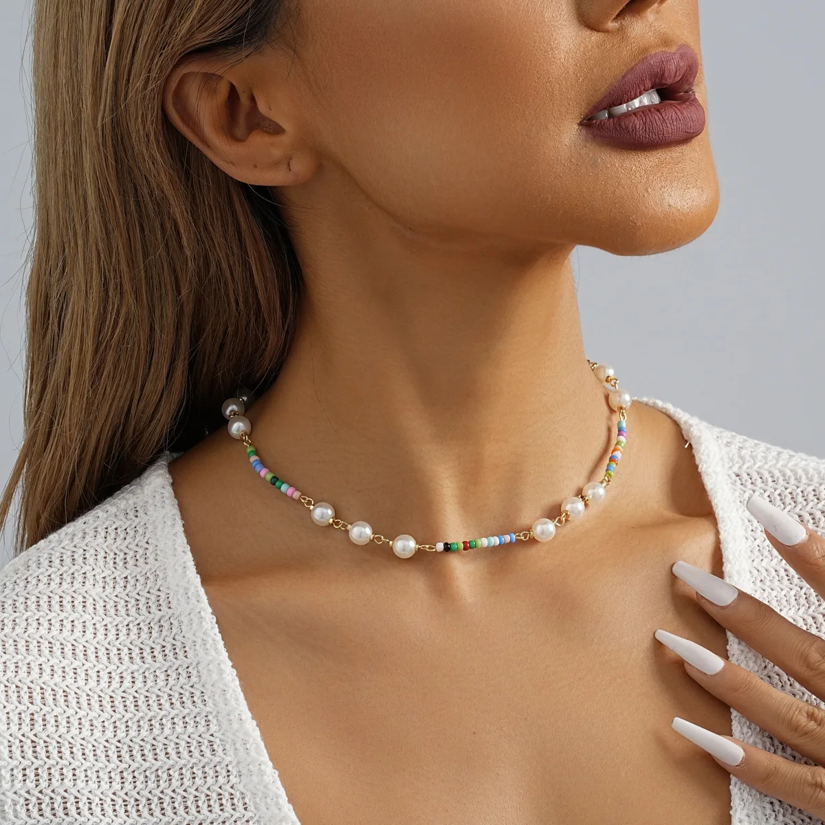 

Natural Freshwater Pearl Necklace, Women's, High-end Flag, Beach Style, Colorful Candy, Handmade