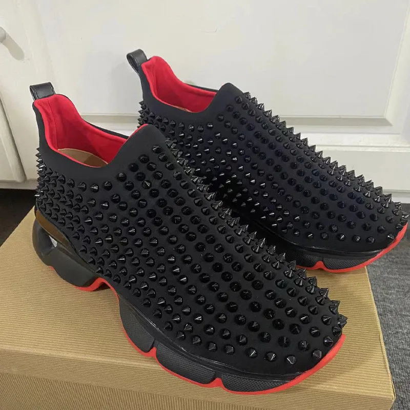 

Full Rivets Thick Sole Sneakers for Men and Women Szie 35-46 Black and Red Colors Casual Sports Shoes High Quality Handmade