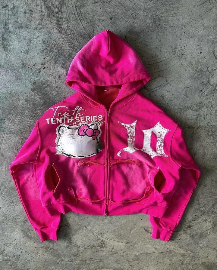 Hoodie ritsleting Y2K pakaian Gothic kartun huruf bordir Pink Hoodie longgar Sweatshirt Set 2 potong pakaian wanita Streetwear