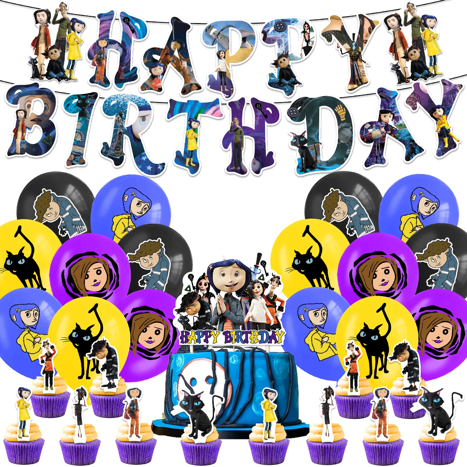 

Movies Coraline Theme Party Decoration Horror Series Birthday Set Banner Cake Topper Balloons Halloween Party Supplies