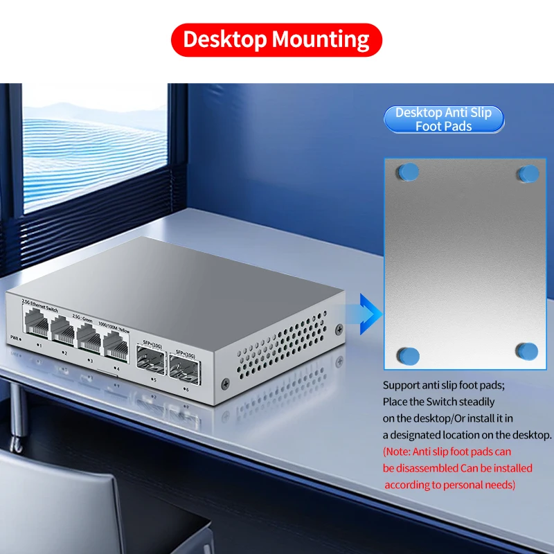 HORACO 2.5Gb Switch 2.5GBASE-T 4 Port 2.5G RJ45 with 2 Port 10G SFP+ Fanless Unmanaged Plug and Play Network Switch