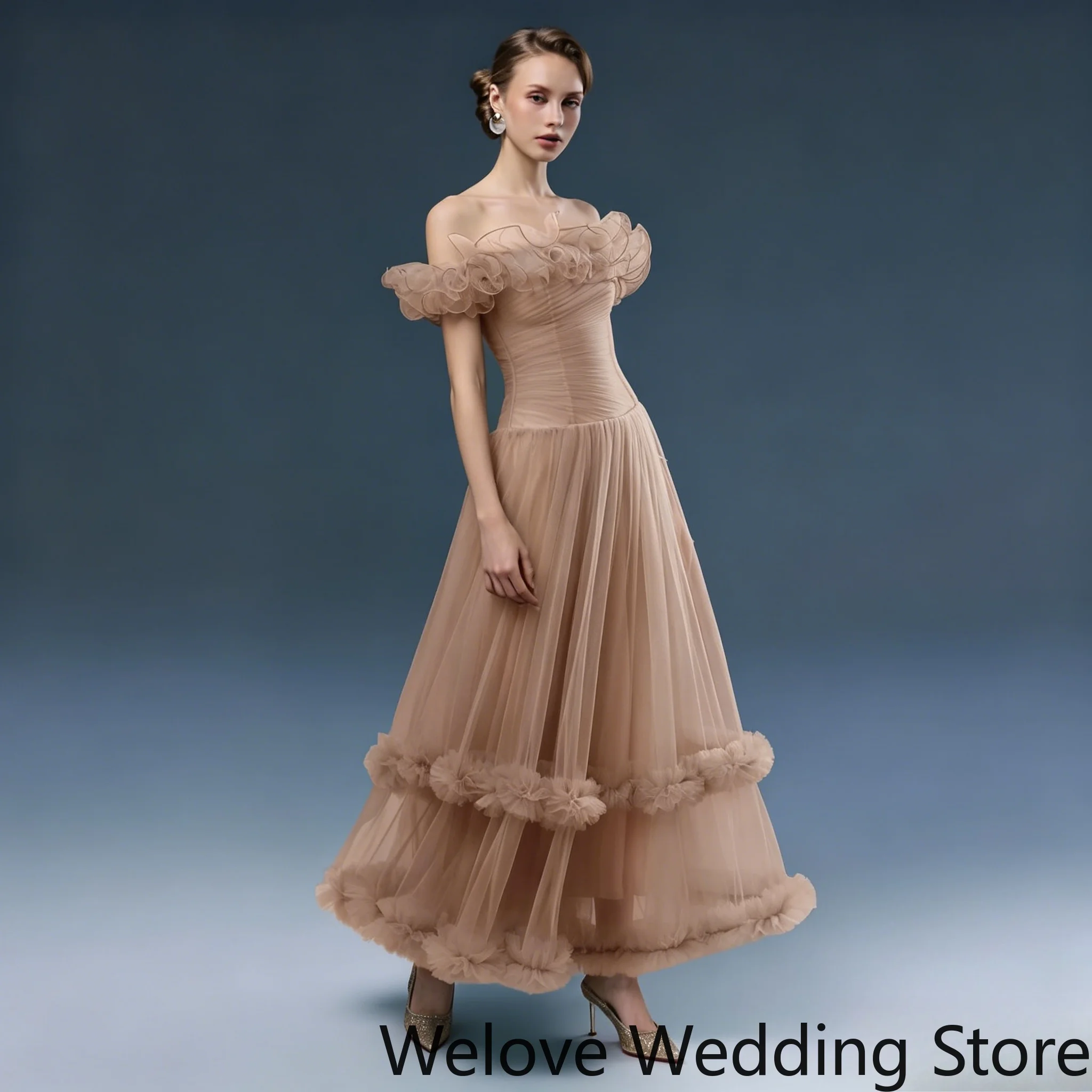 Customized Romantic Blush Pink Formal Evening Gown featuring an off-shoulder neckline with delicate tulle ruffles with Tiered