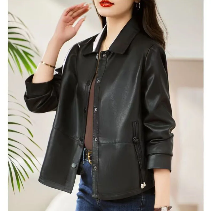 Spring Autumn Female Maillard Leather Jacket Outcoat 2024 Women Short Top Grade Leather Jacket Coat Ladies Loose Leather Jacket