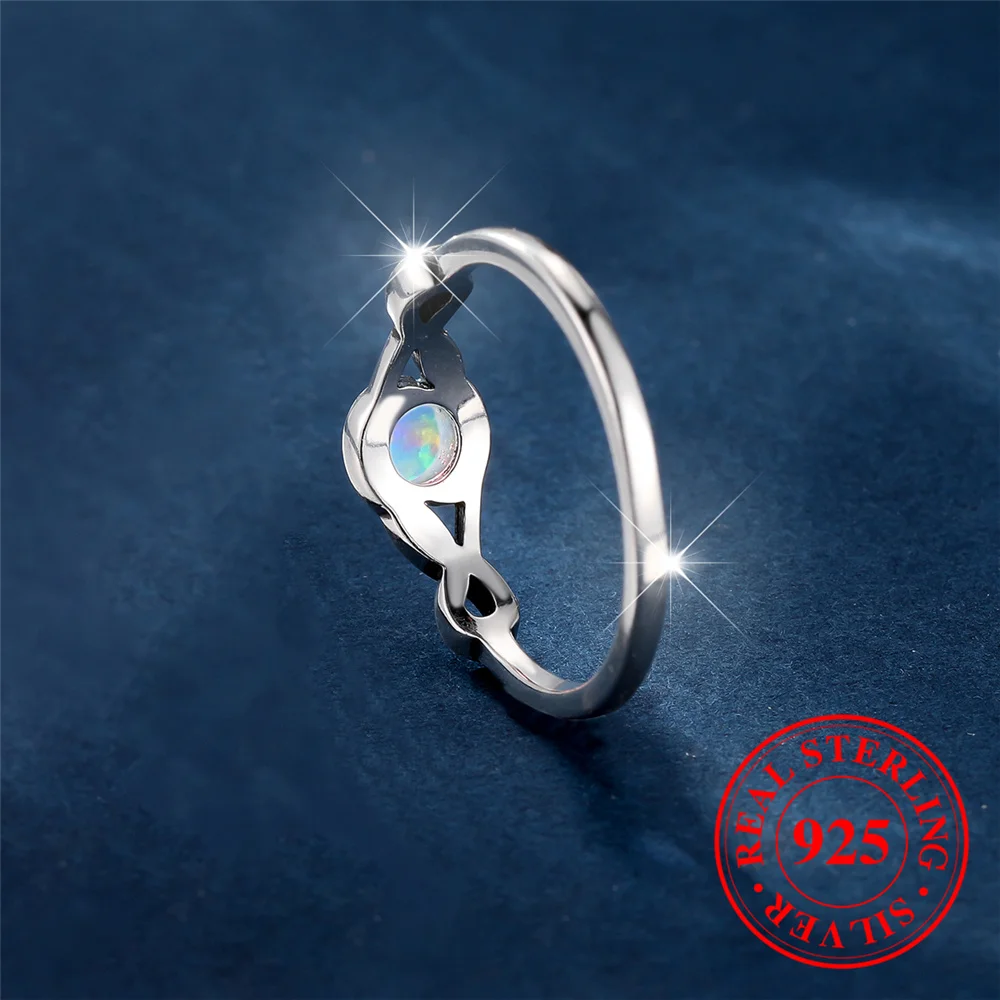 Female Cute Natural White Fire Opal Stone Round Infinity Ring Vintage Real 925 Sterling Silver Wedding Jewelry For Women