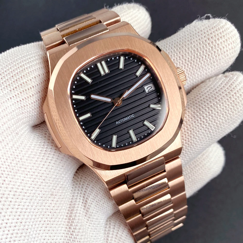 تخصيص كامل ارتفع الذهب مربع نحى حالة التلقائي الرجال ووتش NH35 حركة 10ATM للماء الياقوت الكريستال البني الهاتفي