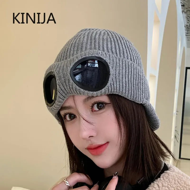 Pilot Glasses Knitted Hats for Women In Winter Outdoor Street Multipurpose Plush Warm Coldproof with Brim Beanies for Men Caps