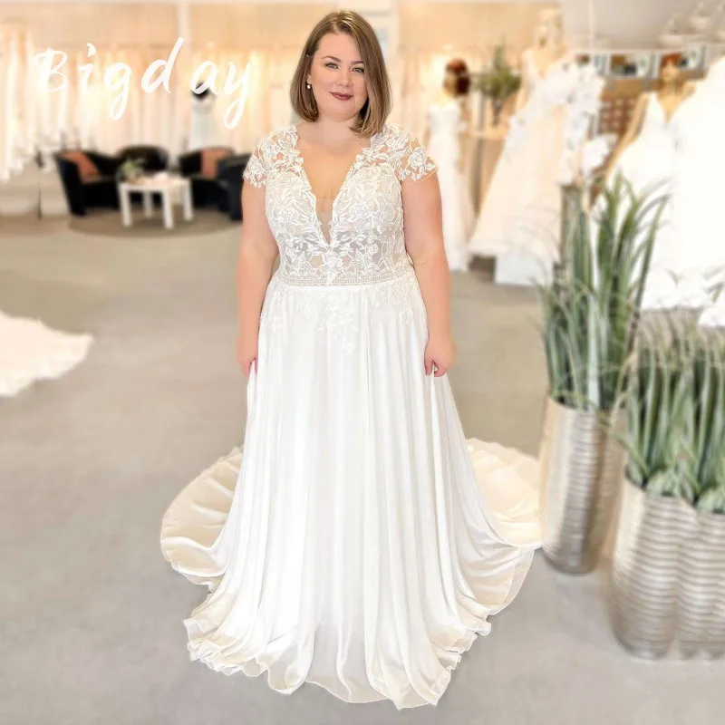 Elegante abito da sposa a-line Plus Size donna 2024 White Illusion Back Lace Cap Sleeve Tulle Train abiti da sposa Vestidos De Noiva