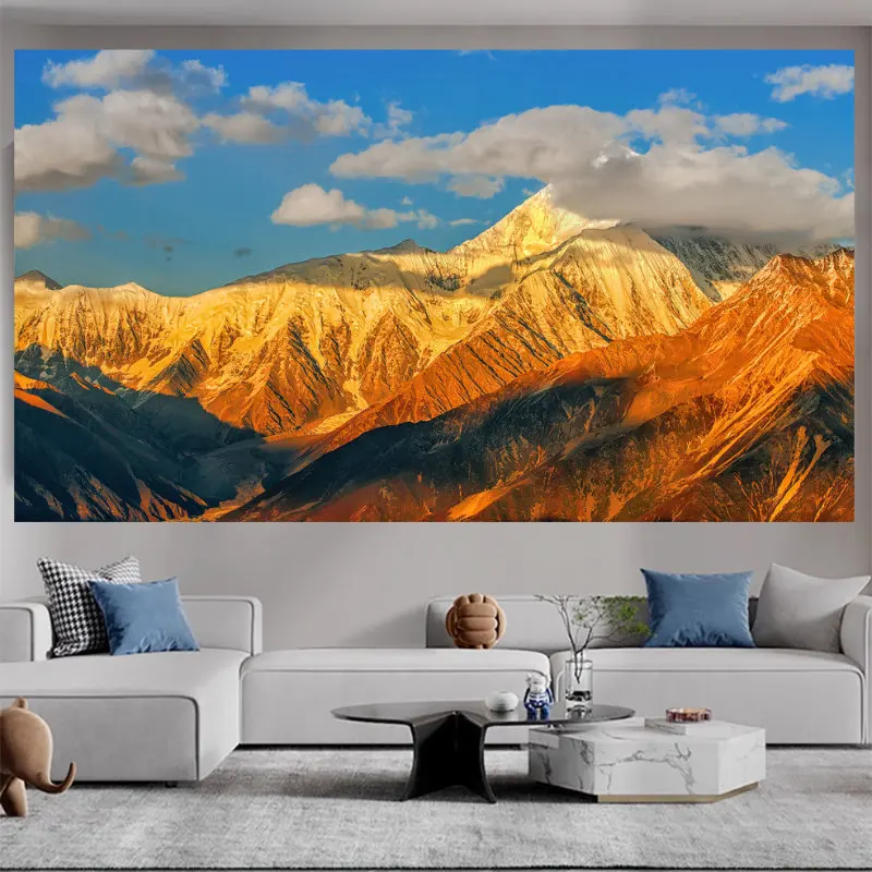 VIKAMA Golden Mountain Range Tapestry Wall Hanging Blue Sky Clouds Landscape Nature Aesthetic Wall Art Living Room Decor