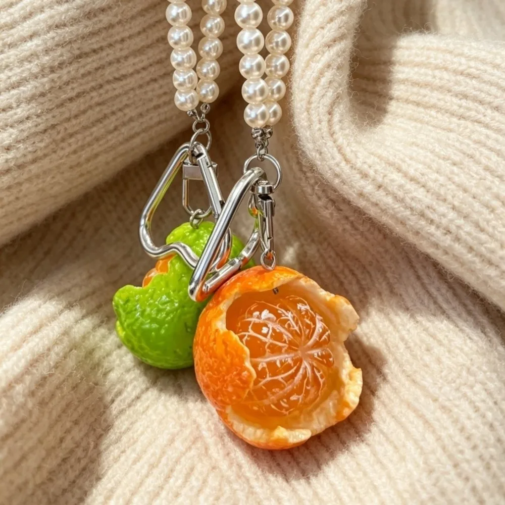 Cartoon Lucky Fruit Orange Keychain Orange Decorative Pearl Beaded Wind Chime Ornaments Resin 3D Fruit Pendant