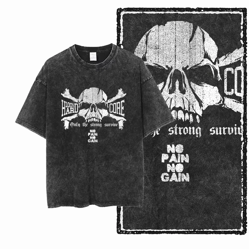 Camiseta Vintage Lavada para Hombre y Mujer, para Gimnasio y Fitness, con Gráfico de Bulldog Esqueleto Musculoso 'No Pain No Gain', Estilo Urbano