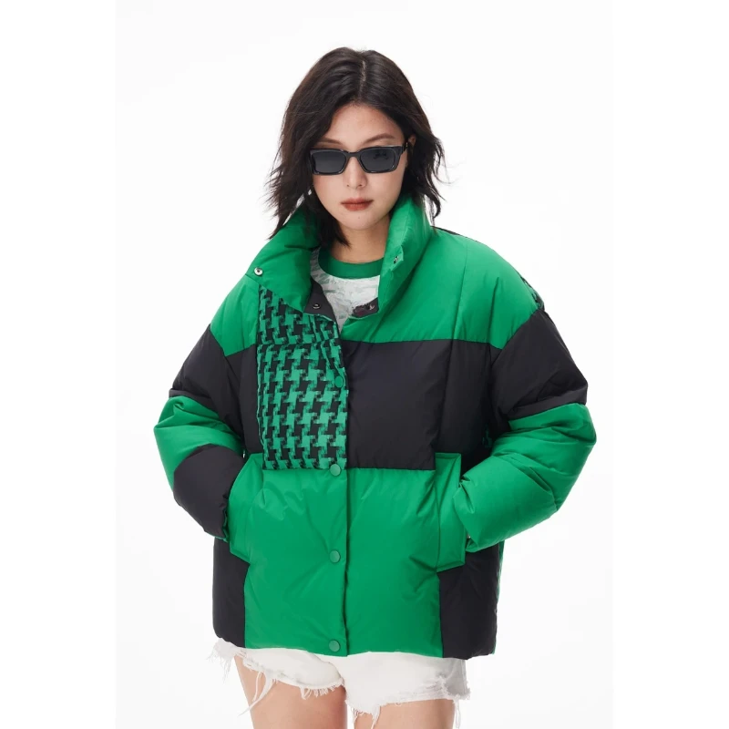 Women's Winter Jacket Short Down Coats Color Clash Patchwork Plaid Trend Outerwears Stand-up Collar Thick Warm Snow Down Jackets