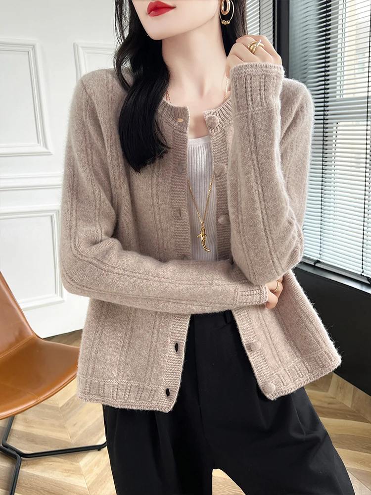 2024 New Women's O-neck Button Cardigan 100% Merino Wool Sweater Autumn Winter Long Sleeve Cashmere Knitwear Female Fashion Coat