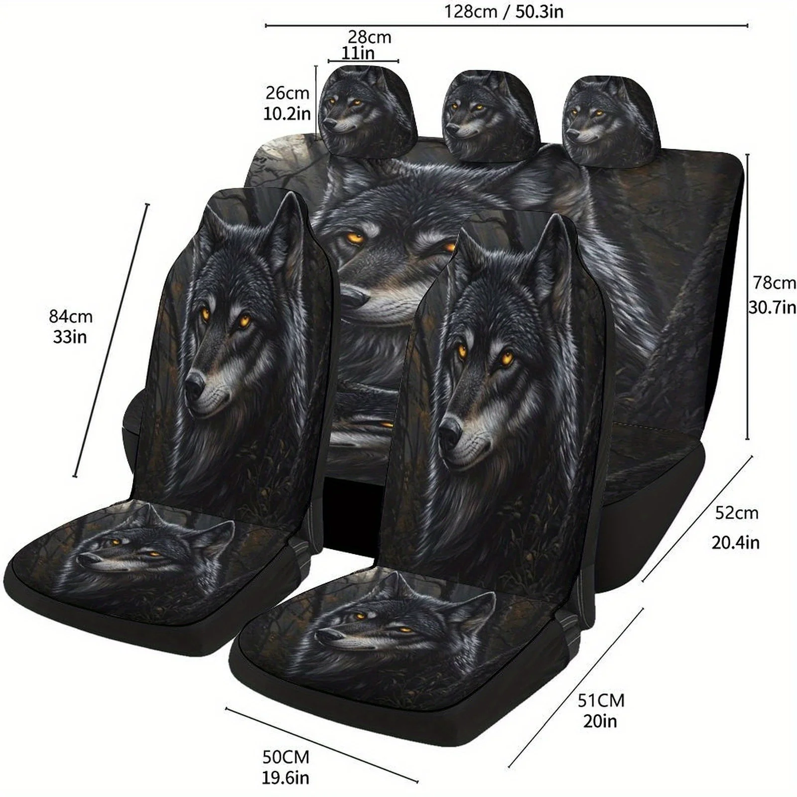 

[Howling Wolf Illustration] Wolf In Moonlight Car Seat Cover Set - Stylish Black & Gray, Universal Fit, Machine Washable Polyest