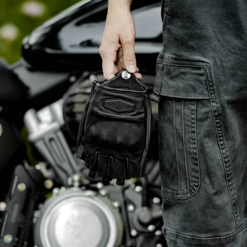 

Retro Motorcycle Cycling Gloves Men's Genuine Cowhide Leather Half Finger Ventilated Anti-Slip Summer Riding Glove MRMOTOR