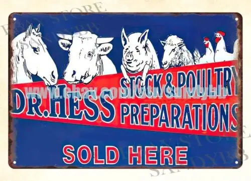 Dr Hess stock poultry preparations pig horse chicken cow metal tin sign man cave