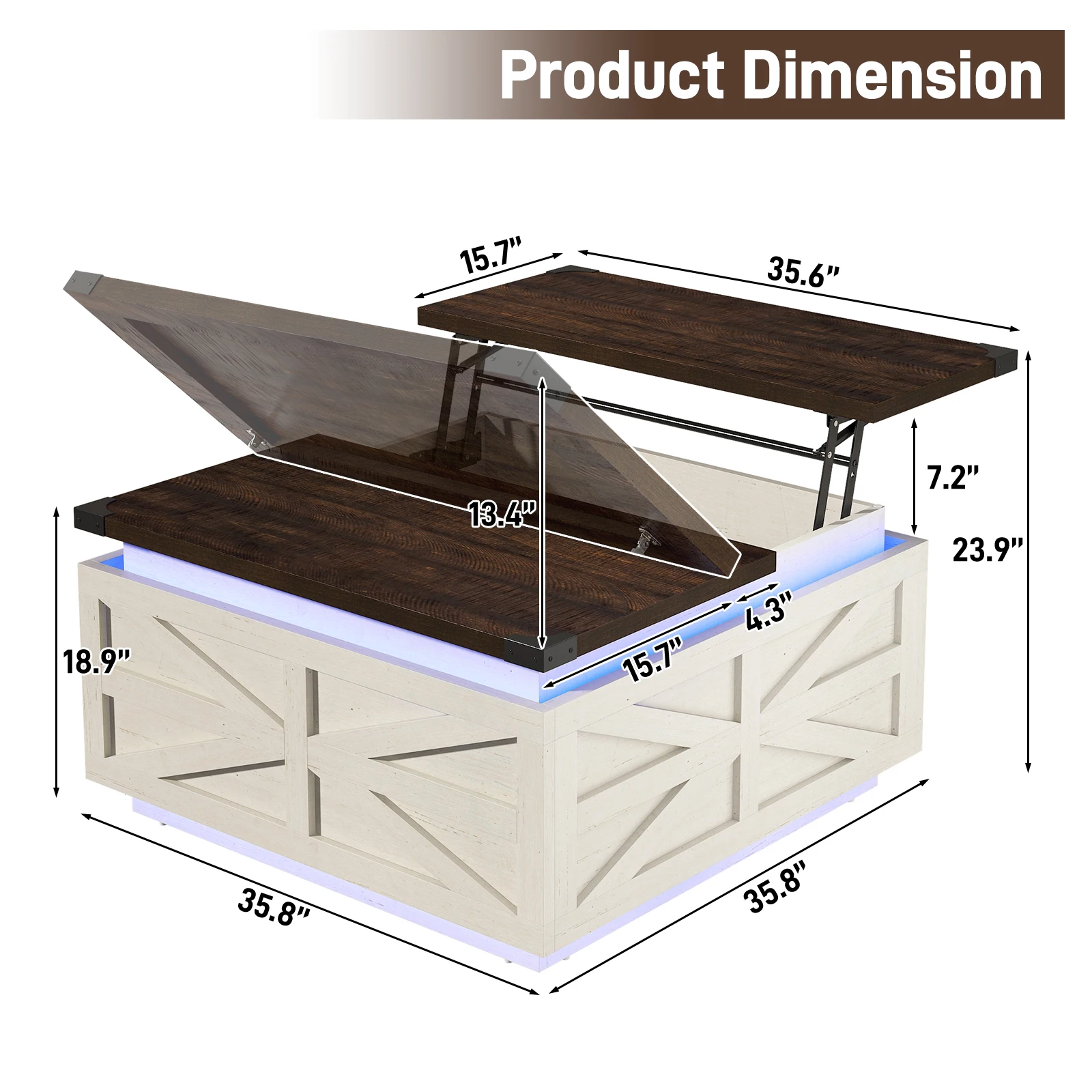 35.8" Farmhouse Lift Top Coffee Table with Storage, Square Coffee Table with LED Lights, Wood Center Table with Hidden Storage