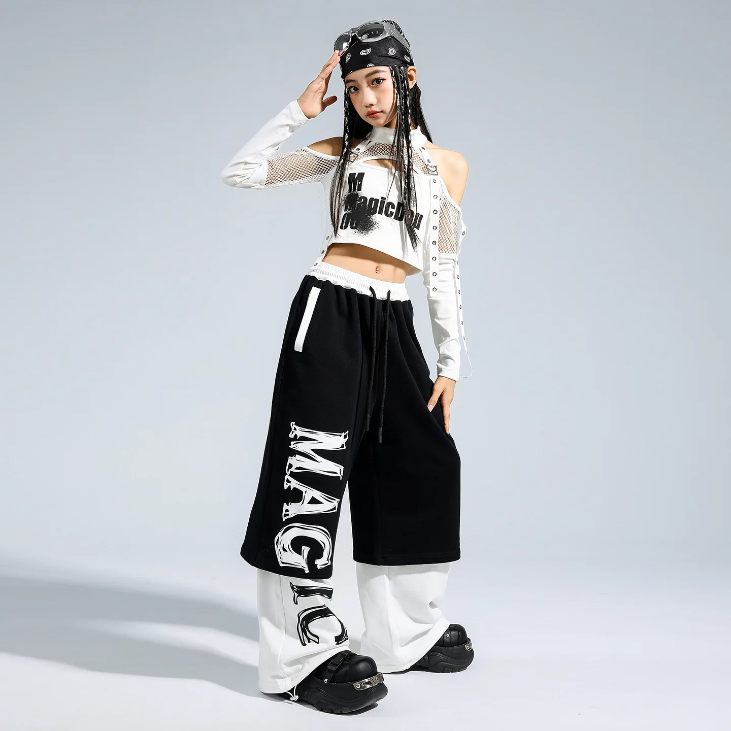 Hip Hop Girls Off Shoulder Crop Top Letters Dance Contrast Pants Kids K-pop Streetwear Costume Child Jazz Girl Group Clothes Set