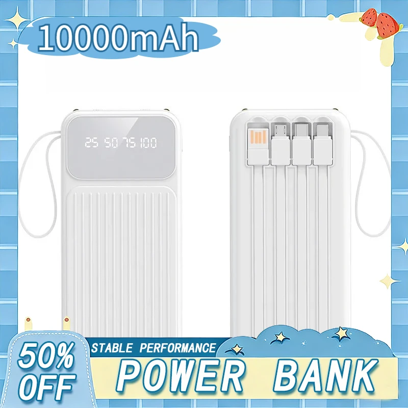 

Внешний аккумулятор (Power Bank) 10000 мАч с 4 кабелями, большой емкости, сверхбыстрая зарядка, цифровой дисплей, для iPhone, Samsung, Xiaomi