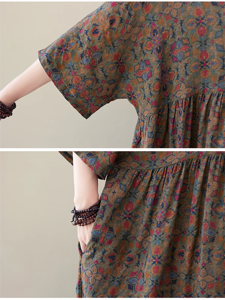 Short Sleeve Cotton Vintage Print Floral Dresses For Women 2026 Spring Summer Loose Casual Long Dress Robe Femme Elegant Clothes