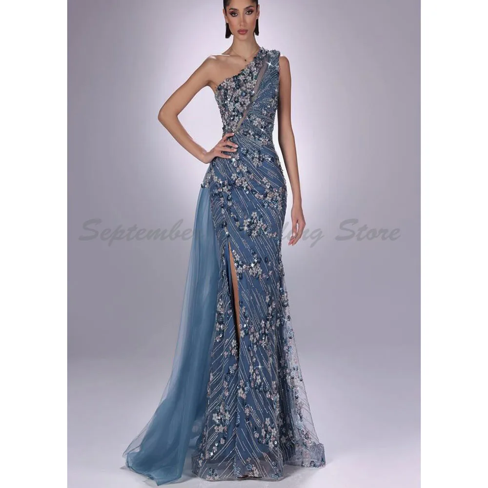 

Exquisite Sparkle Mermaid Evening Dresses Sequins High Quality One Shoulder Mermaid Sleeveless Floor Length Celebrity Gowns