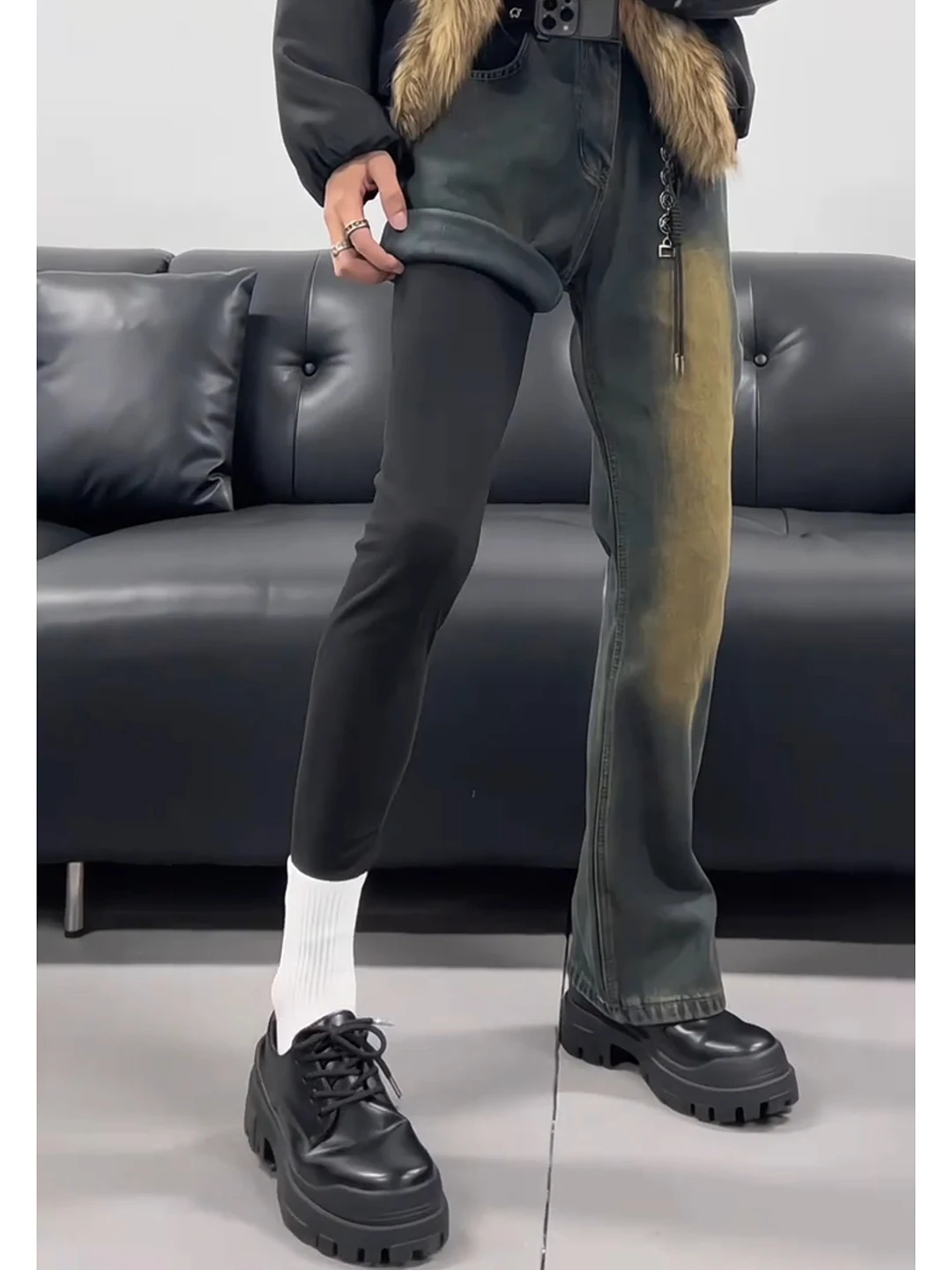 

Thickened Fleece Lined Slim Fit Straight Leg Jeans Men's Autumn Winter American Style Yellow Clay Dye Micro Flared Trousers