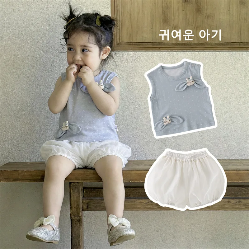

Girls' Summer Suit2026New stylish children's sleevelessTShirt+Bread shorts children's clothing baby set summer outfit