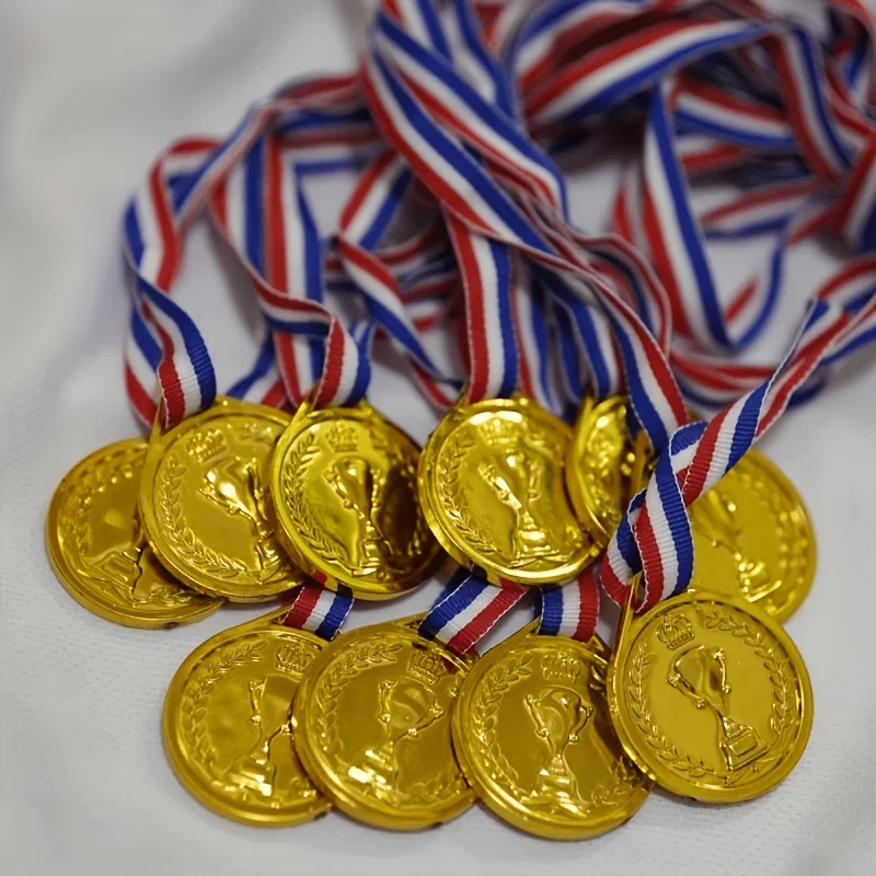 Gold Plastic Crown Pattern Medal with Ribbon Suitable for Sports Ball Games Gifts And Decorations