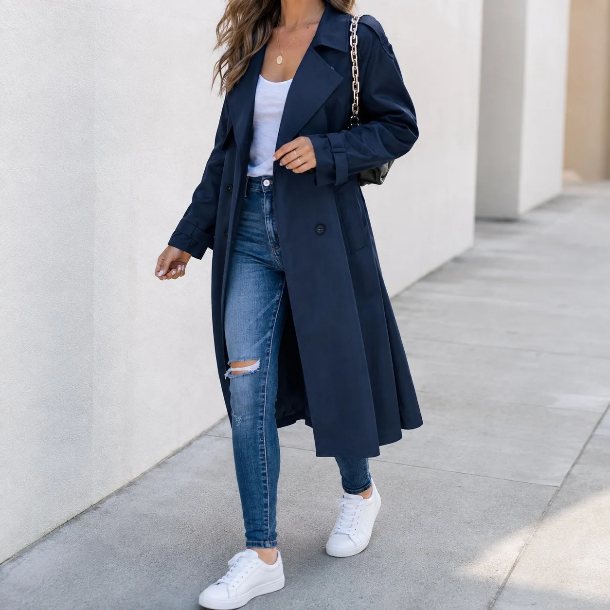 Belt Patchwork Belt Mid Length Regular Fit Commuter Style Women Autumn Coat with Stand Collar Medium Thickness Long Sleeve