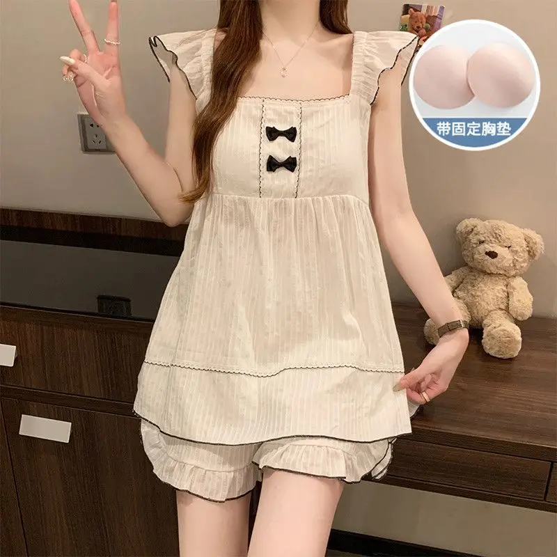 

Large Size Women Korean Cushion Pajamas Sleeveless Shorts Sets 2 Pieces Bow Cute Pjs Student Sleeping Home Clothes Loungewear