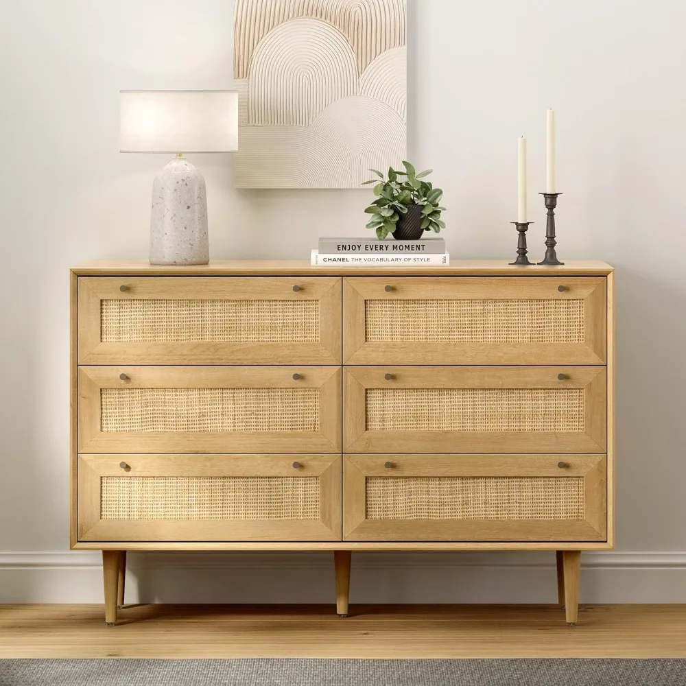 

6 Drawer Dresser, Modern Closet Dressers of Drawers with Natural Rattan, Boho Dresser Chest, TV Stand of Drawers