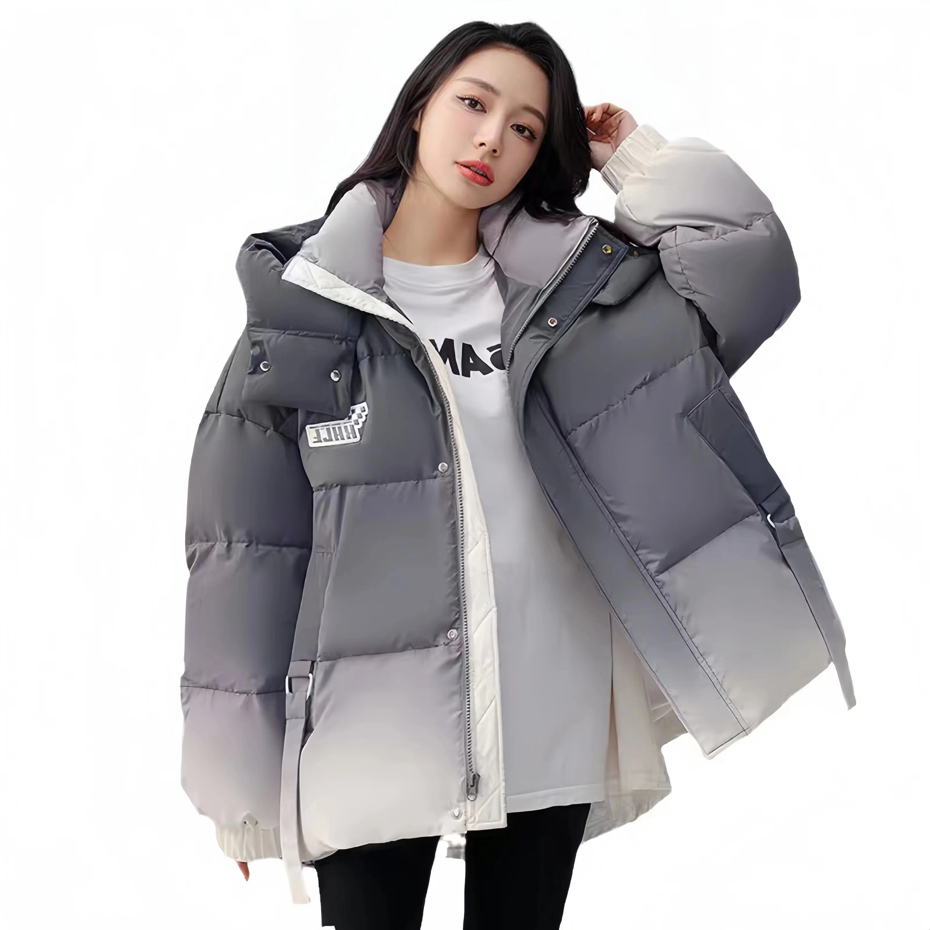 Women\'s Gradient Color Hooded Coat, 90% White Duck Down Jacket, Casual Parkas, Oversize Female Clothing, New Fashion, Winter