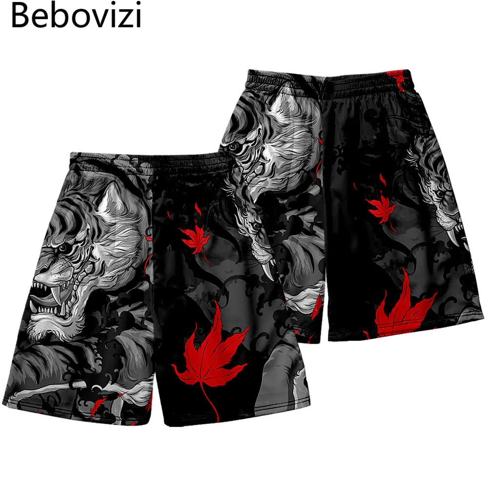 Chinese Style Tiger Print Beach Shorts Pocket 2022 Summer Casual Bermudas Sweatshorts Men Fashion Oversized Gym Shorts Plus Size